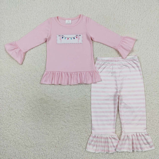GLP0694 Baby Girl Pink Long Sleeves Embroidery Christmas Light Stripes Pants Pajamas Outfit