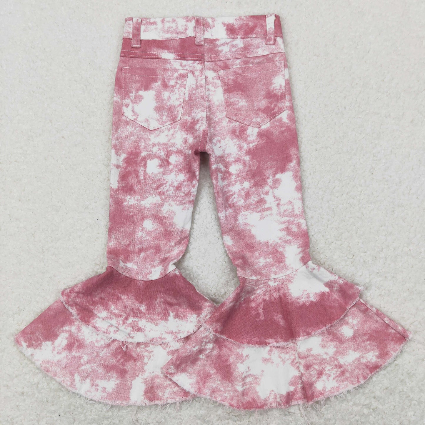 P0399 Baby Girls Pink Tie Dye Denim Double Ruffle Jeans Bell Pants