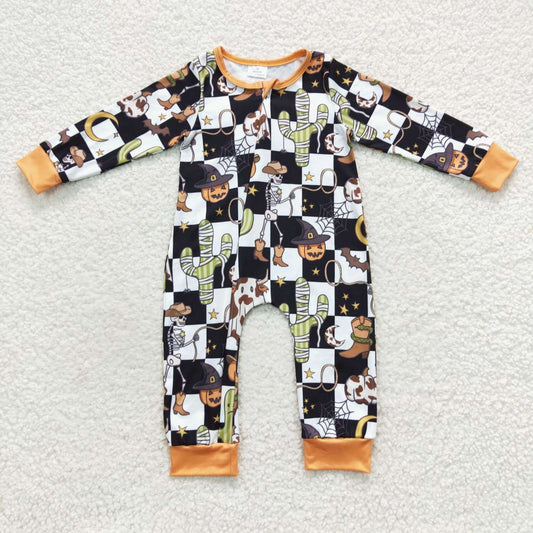 LR0404 Western Baby Boy Long Sleeves Cow Pumpkin Cactus Zipper Halloween Romper