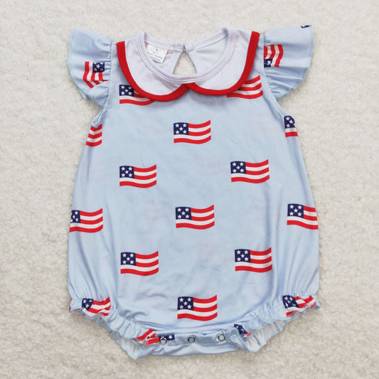 Baby Girl Short Sleeves Flags Light Blue July 4th Bubble One Piece Romper