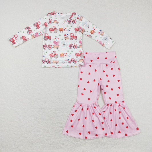 GLP1115 Baby Girl Valentine's Day Tractors Shirt Hearts Bell Pants Set