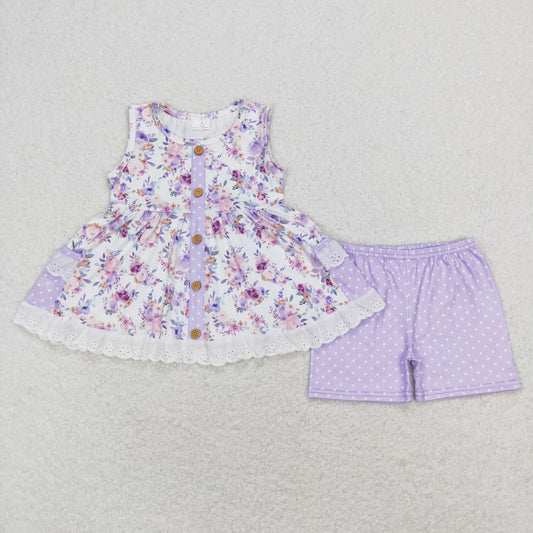 GSSO0402 Baby Girl Sleeveless Floral Pocket Tunic Shorts Summer Purple Set
