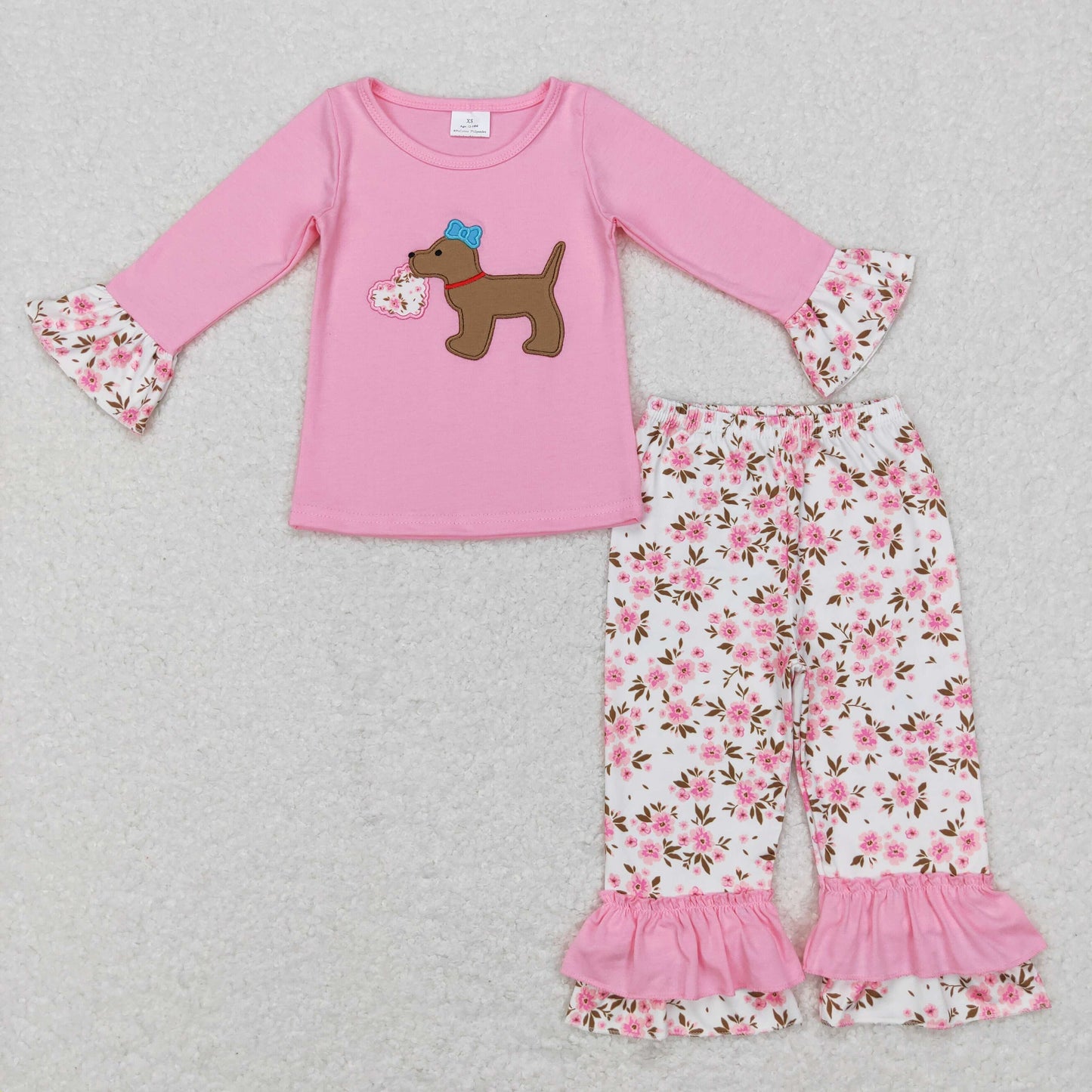 GLP0937 Baby Girl Valentine's Day Embroidery Dog Heart Floral Pants Pink Outfit