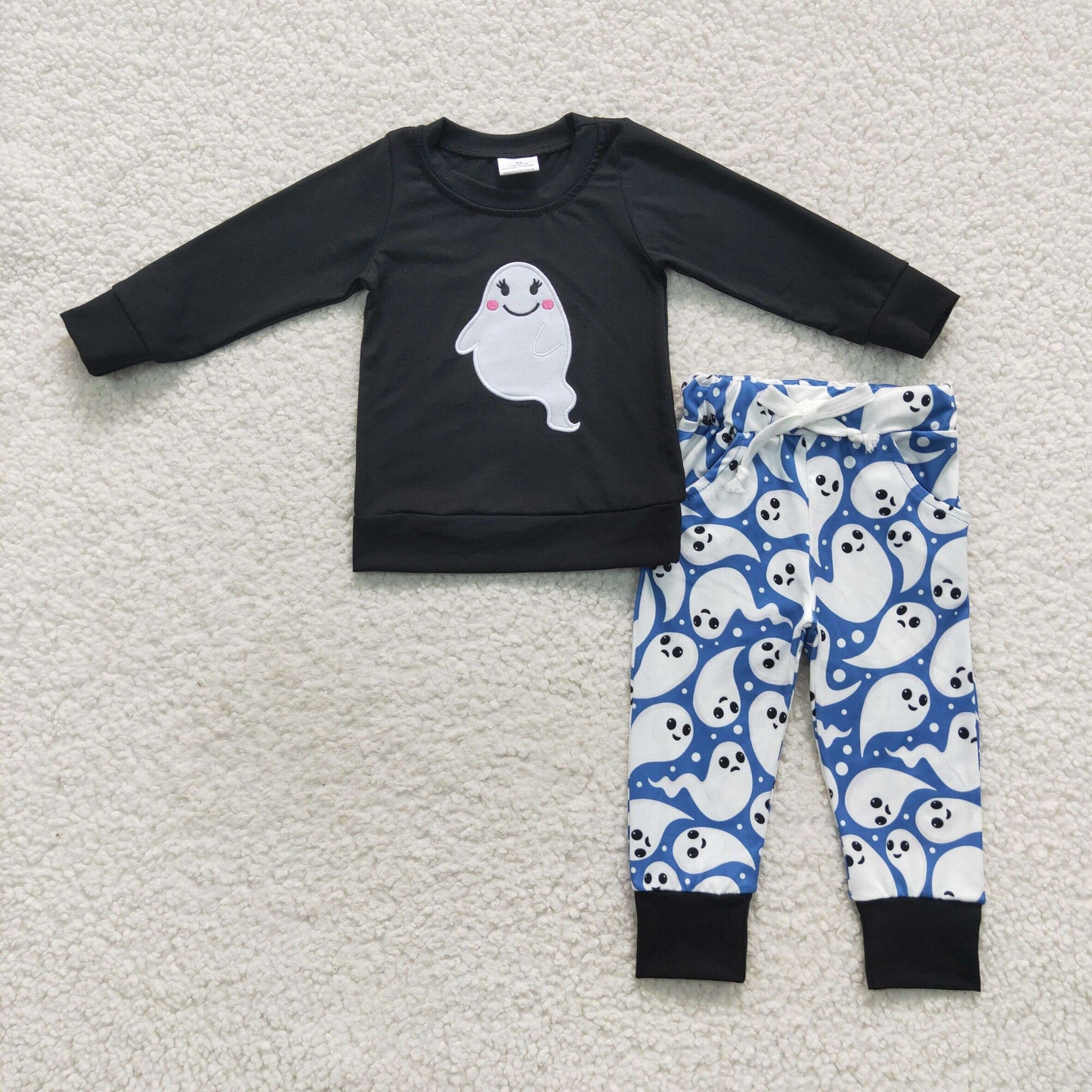 GLP0608 Baby Girl Halloween Embroidery Ghost Long Sleeves Shirt Pants Outfit