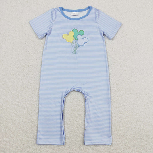 Baby Boy Short Sleeves Embroidery Mouse Stripes Blue One Piece Romper