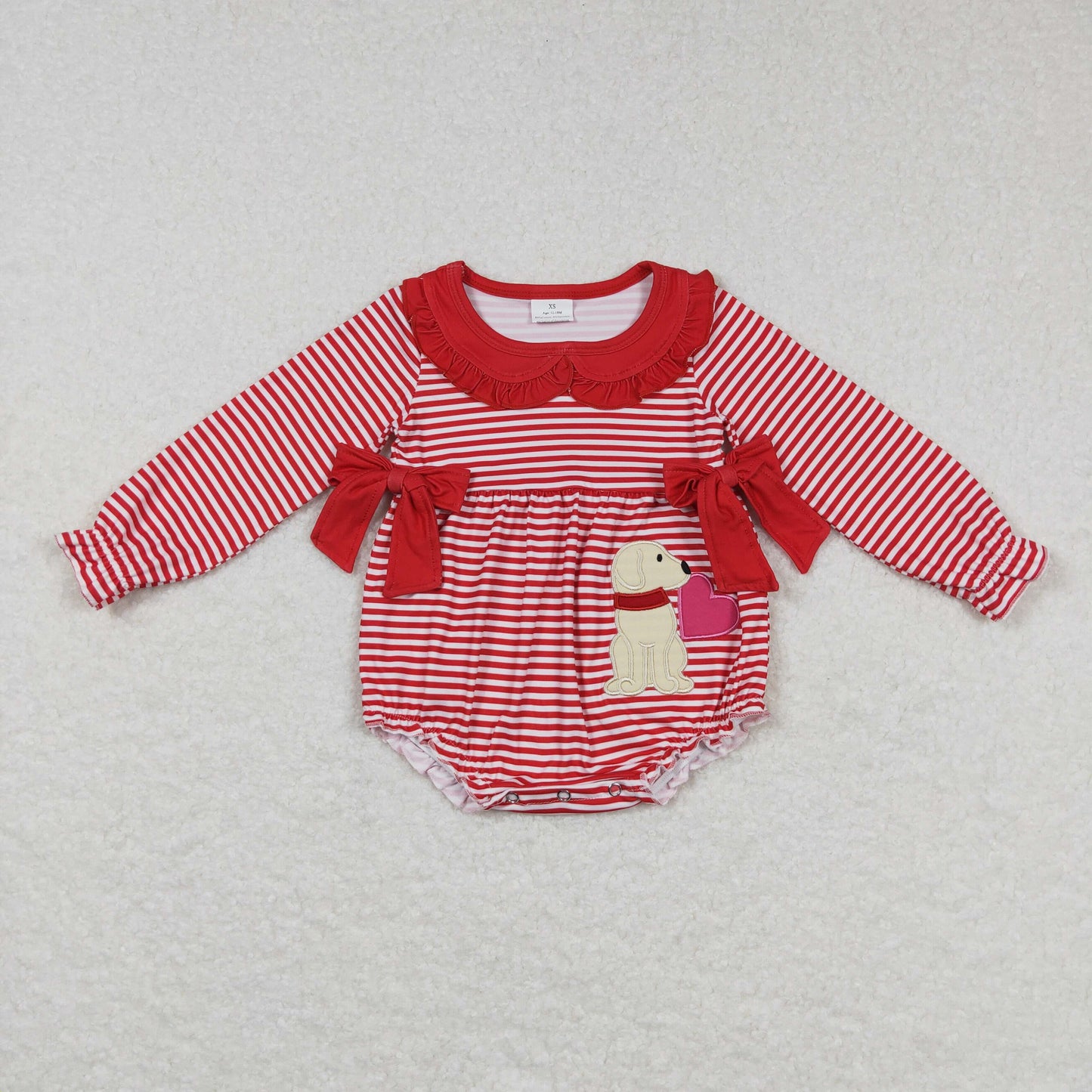 LR0763 Baby Girl Long Sleeves Valentines Embroidery Dogs Hearts Red Stripes One Piece Romper