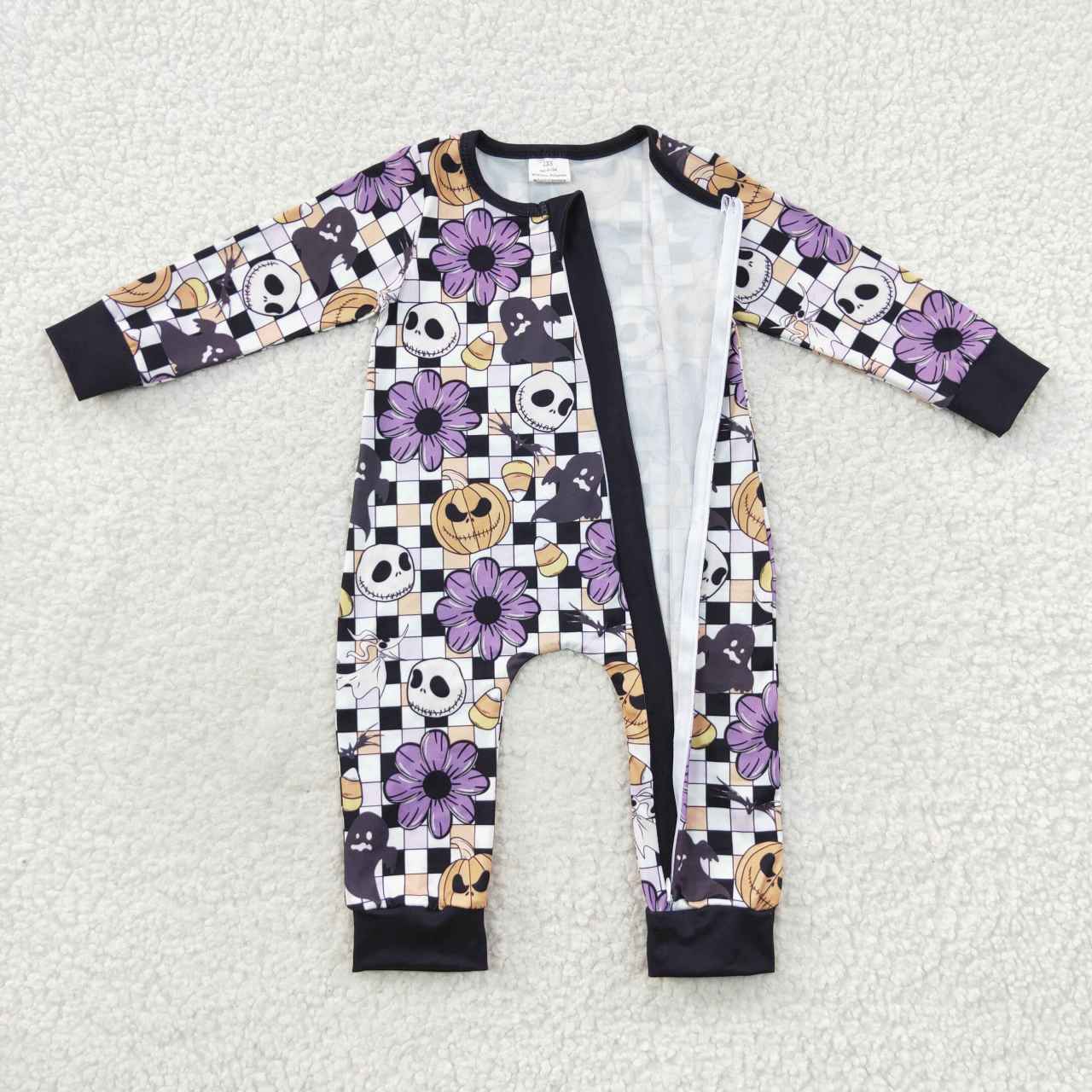 LR0445 Baby Girl Halloween Pumpkin Folral Zip Romper