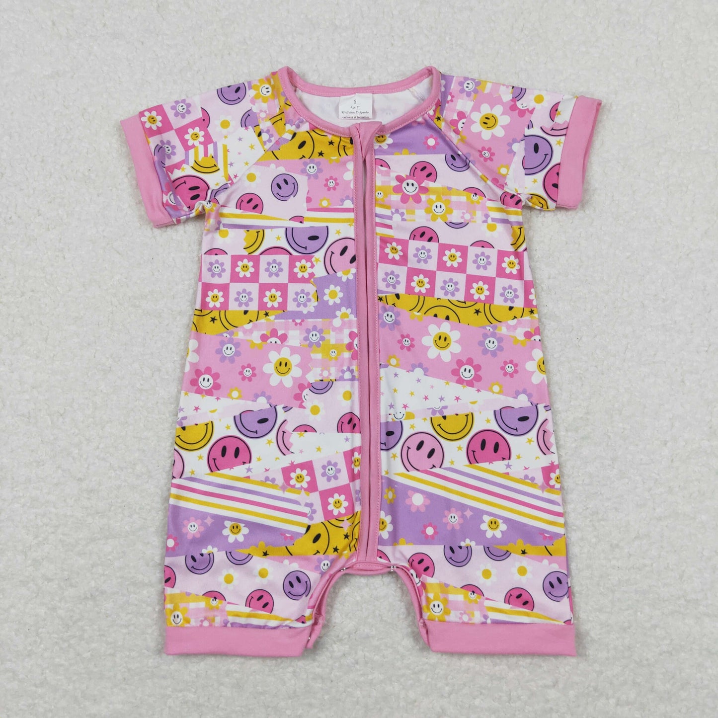 Baby Girl Short Sleeves Smile Floral Zipper One Piece Romper