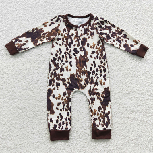 LR0308 Baby Kids Western Cow Print Long Sleeves Zipper Romper