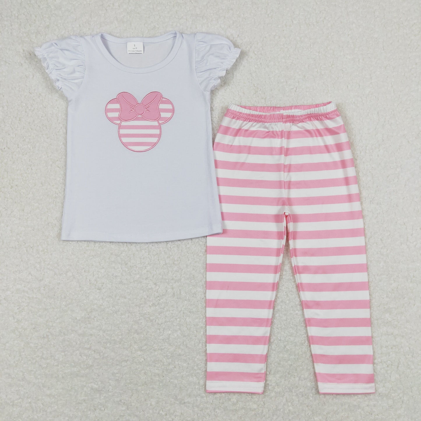 Baby Girl Short Sleeves Mouse Embroidery Shirt Pink Stripes Pants Set