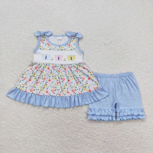 Baby Girl Sleeveless Butterfly Floral Tunic Blue Ruffle Cotton Shorts Summer Set