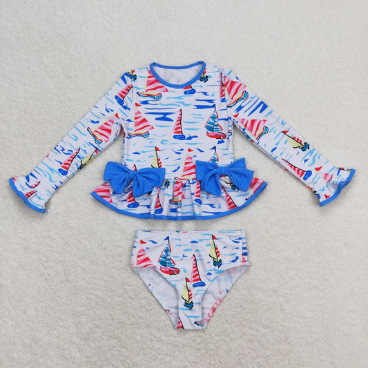 Baby Girl Long Sleeves Boats Blue One Piece Swimsuit