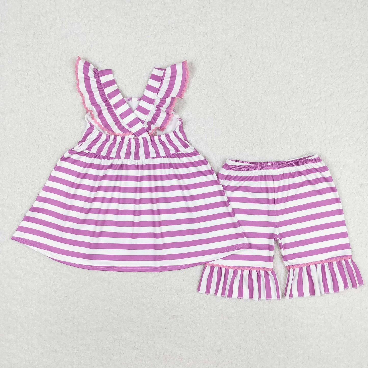 Baby Girl Embroidery Popsicle Stripes Tops Shorts Purple Set