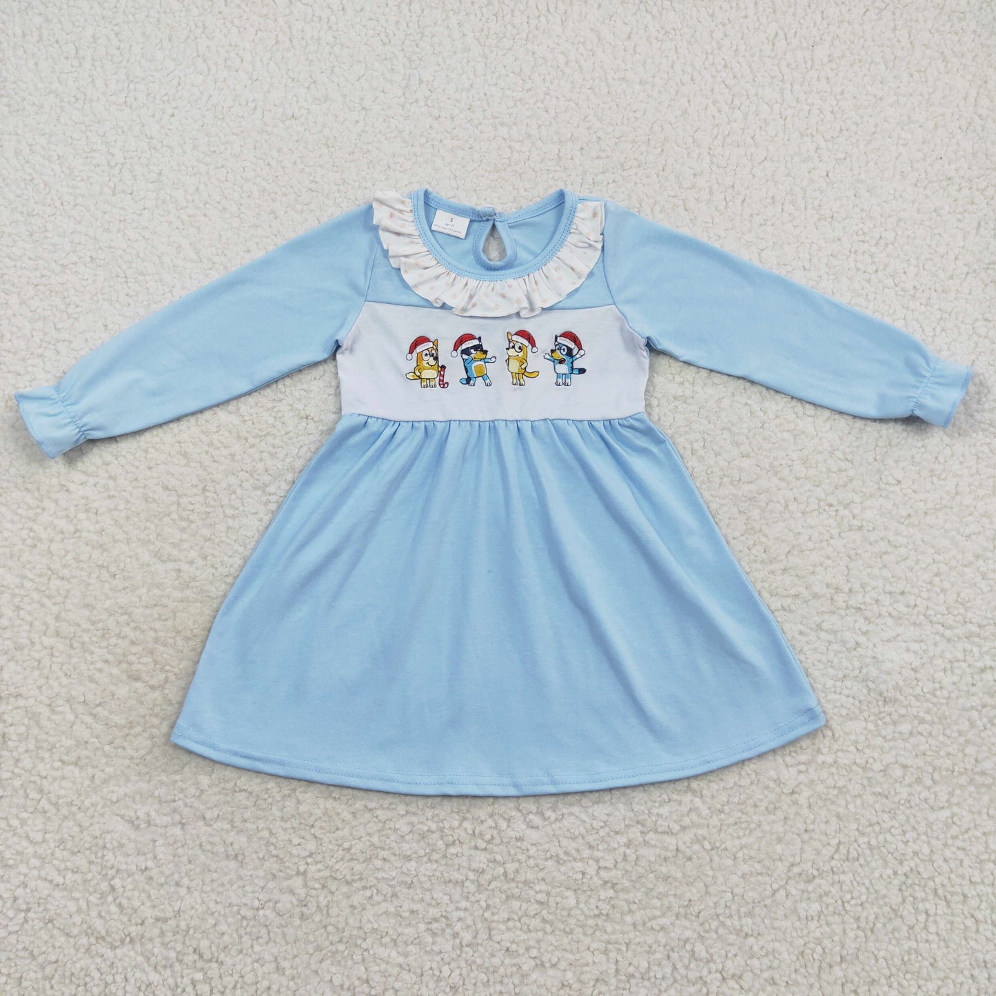 GLD0328 Baby Girl Christmas Embroidery Dogs Long Sleeves Blue Dress