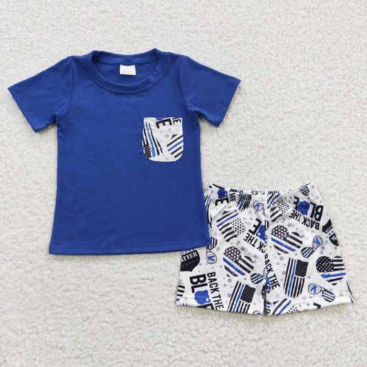 BSSO0242 Baby Boy Blue Short Sleeves Flag Shirt Shorts Summer Outfit