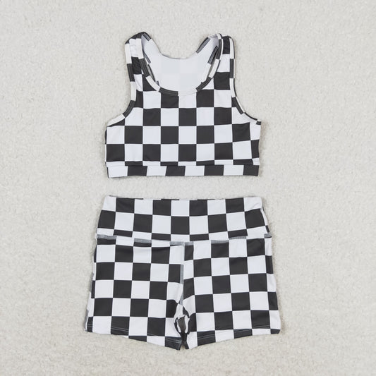 Baby Girl Racer Crop Tops Shorts Black White Checkered Set