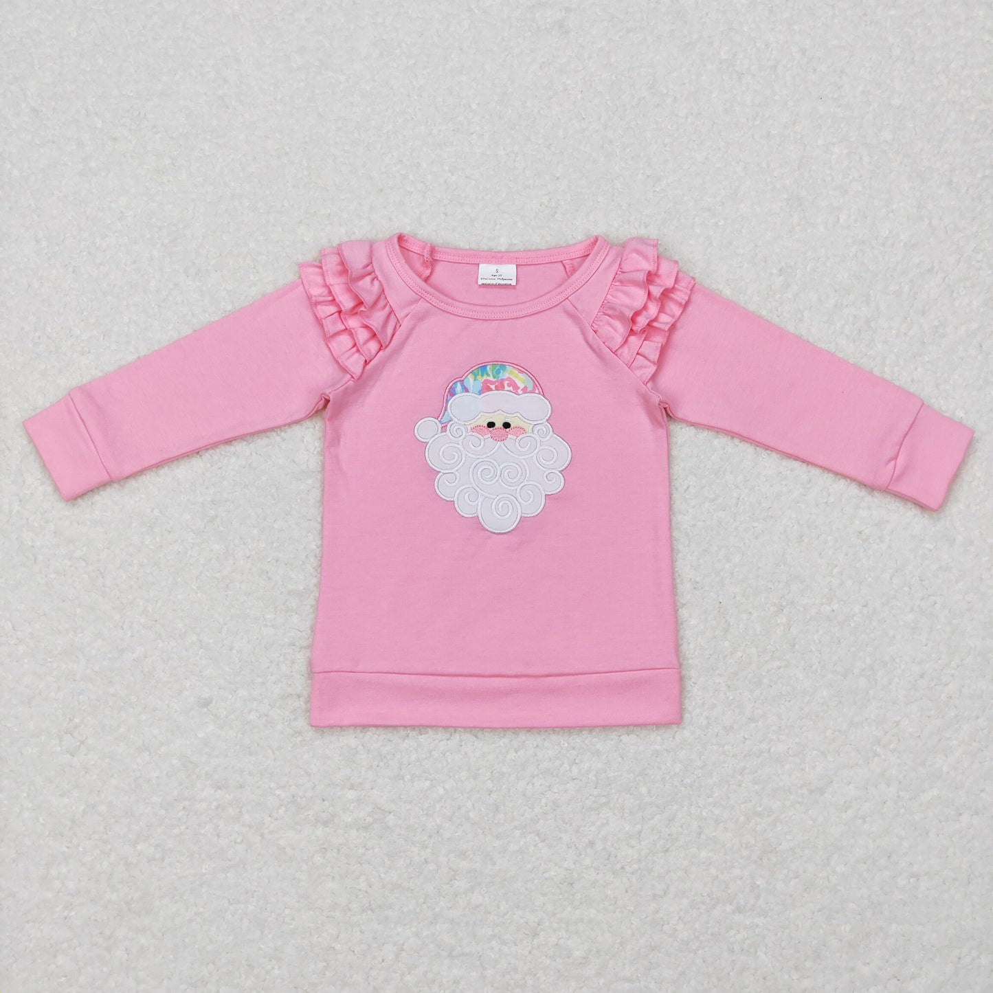 GT0369 Baby Girl Christmas Embroidery Long Sleeves Santa Pink Cotton Shirt