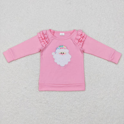 GT0369 Baby Girl Christmas Embroidery Long Sleeves Santa Pink Cotton Shirt