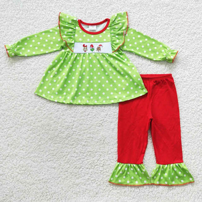 GLP0494 Baby Girl Long Sleeves Green Tunic Red Pants Embroidery Christmas Outfit