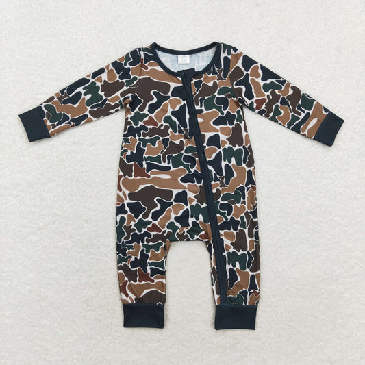 Baby Boy Long Sleeves Brown Camo Fall Zipper Bamboo Romper