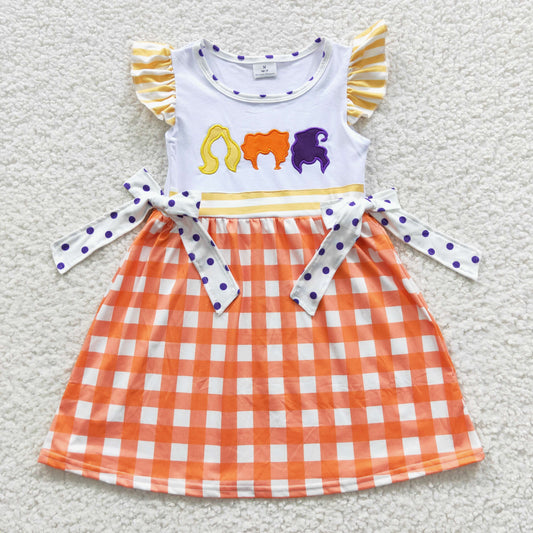 GSD0382 Halloween Baby Girl Short Sleeves Plaid Orange Embroidery Dress