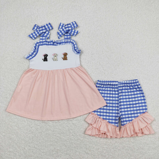 Baby Girl Sleeveless Embroidery Dogs Pink Tunic Plaid Shorts Set