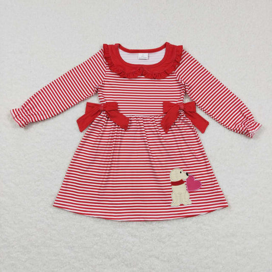 GLD0448 Baby Girl Valentines Dogs Heart Red Stripes Long Sleeves Dress