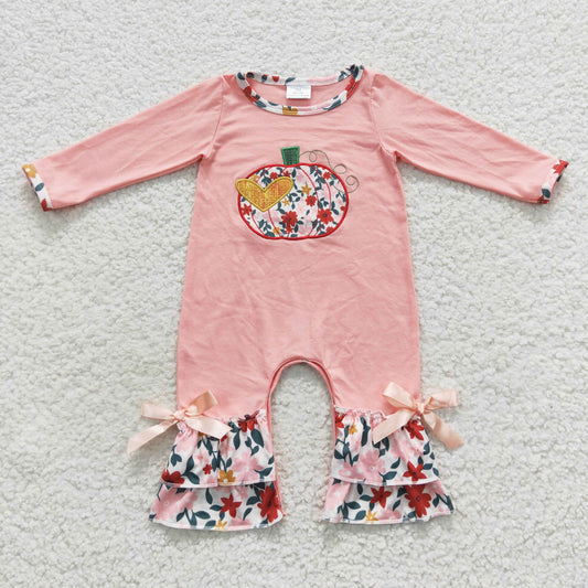 LR0278 Baby Kids Long Sleeves Embroidery Pumpkin Floral Pink Romper