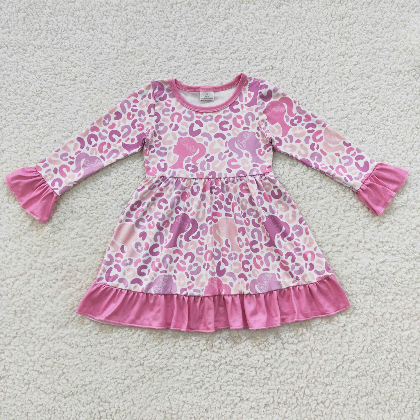 GLD0284 Baby Girl Leopard Long Sleeves Pink Doll Dress