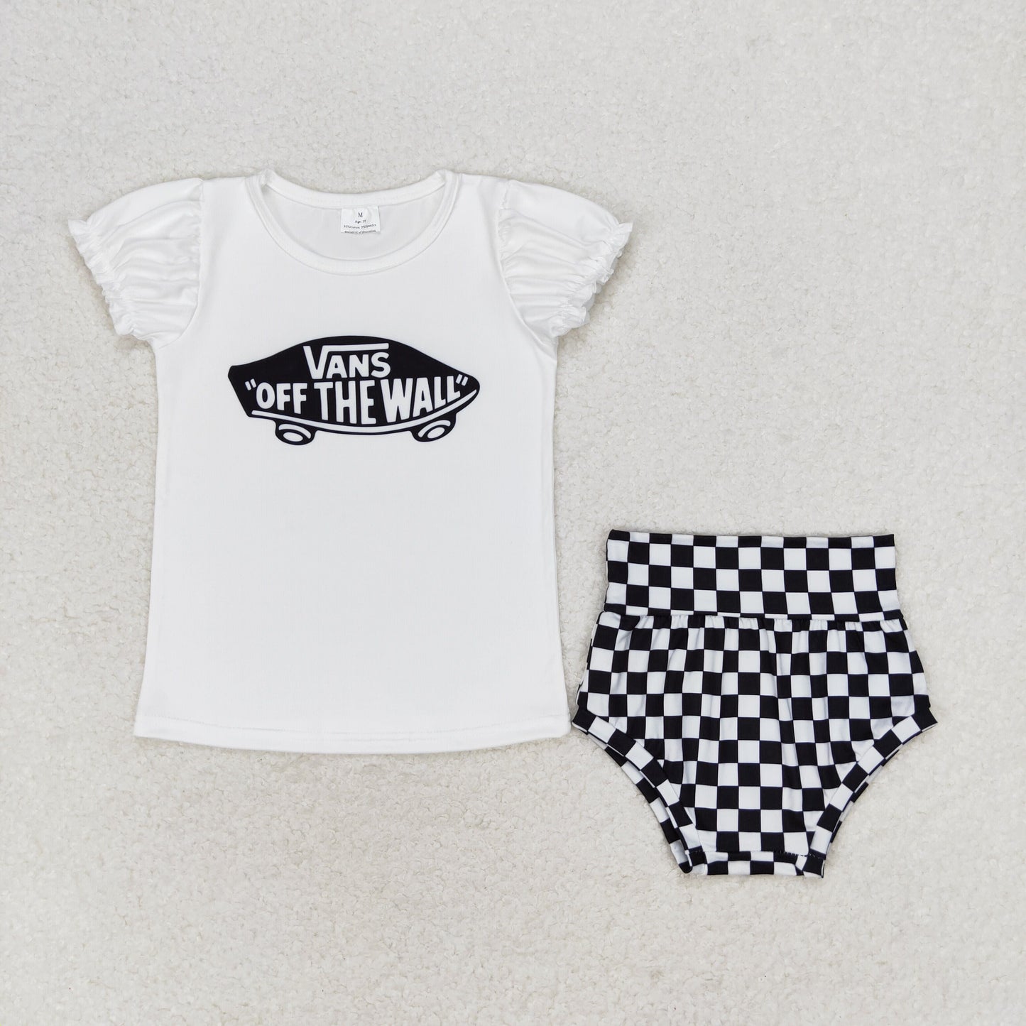 Baby Girl Short Sleeves Shirt Black White Checkered Bummie Set