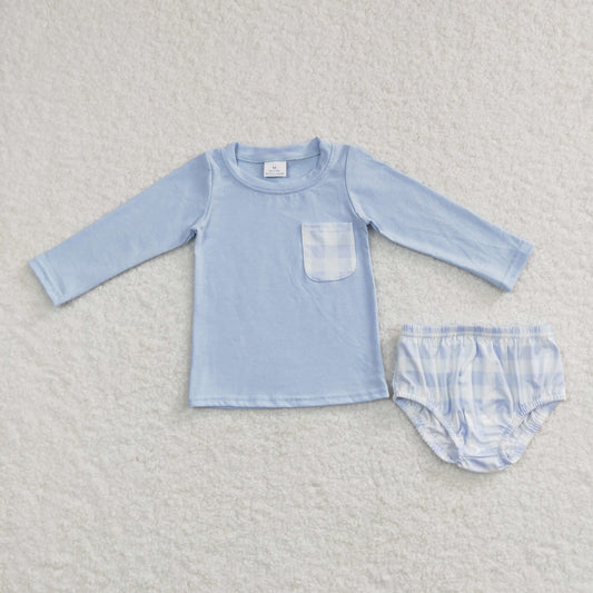 GBO0194 Baby Boy Blue Long Sleeves Cotton Tops Plaid Bummie Shorts Outfit