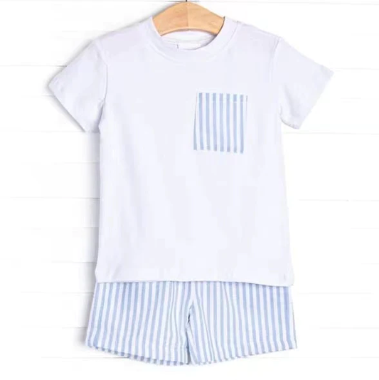 Moq 3 Pre-order BSSO0764 Baby Boy Short Sleeves Shirt Blue Stripes Shorts Set