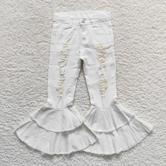 P0129 Baby Girl Kids White Double Lace Denim Pants Jeans