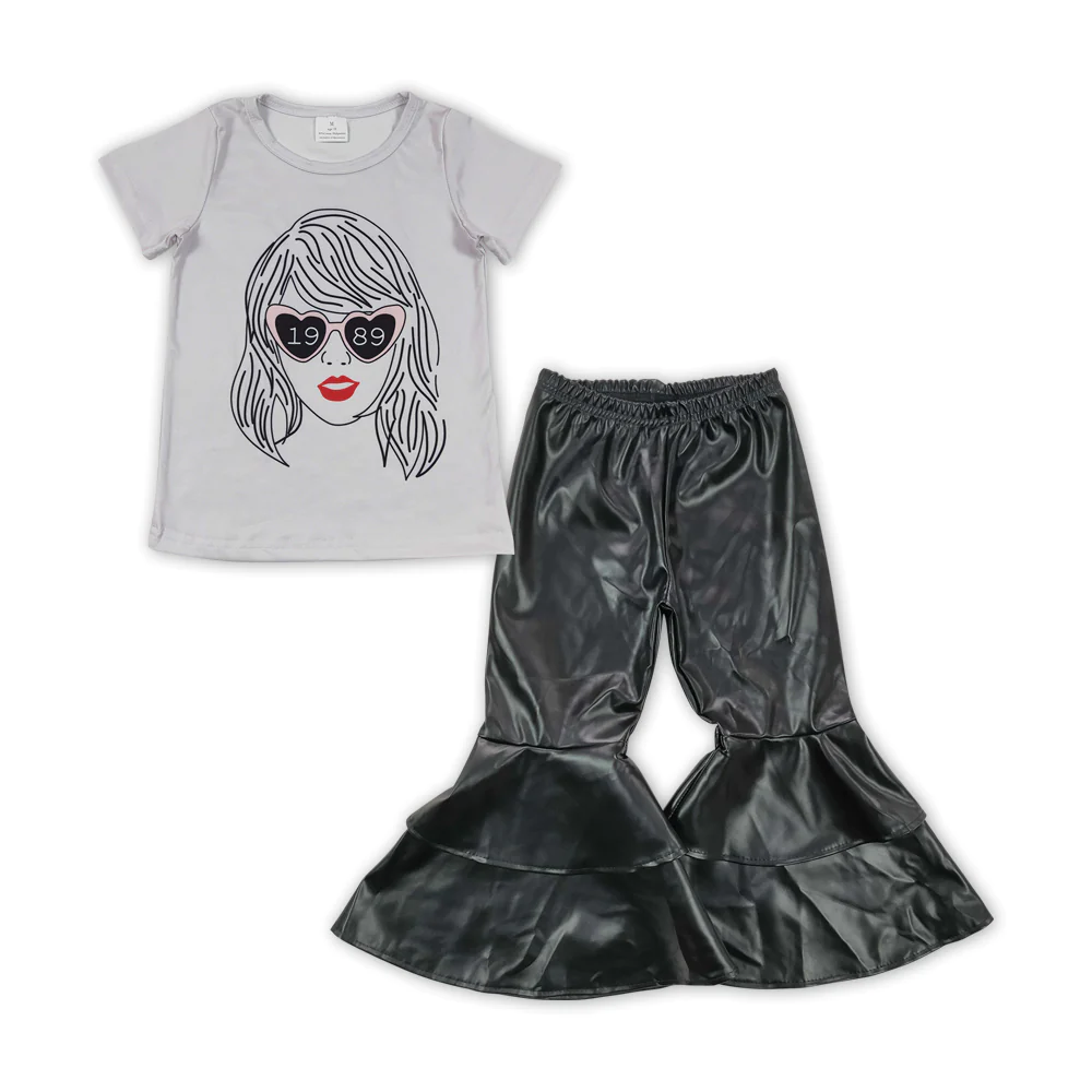 GSPO1473 Baby Girl Short Sleeves Singer Shirt Black Leather Bell Pants Set