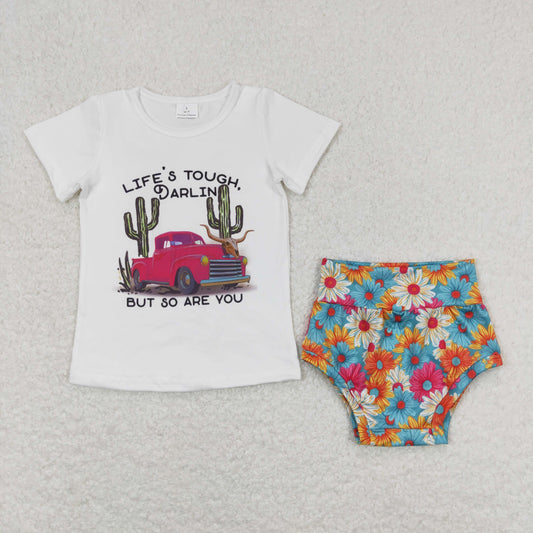 Baby Girl Short Sleeves Western Cactus Shirt Floral Bummies Shorts Set