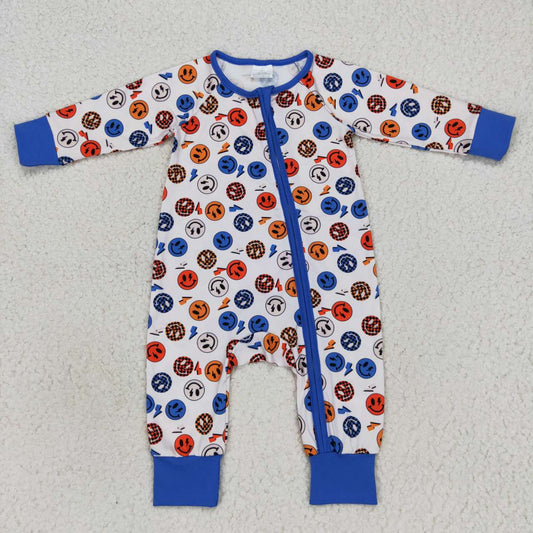 LR0721 Baby Boy Long Sleeves Face Zipper One Piece Blue Romper