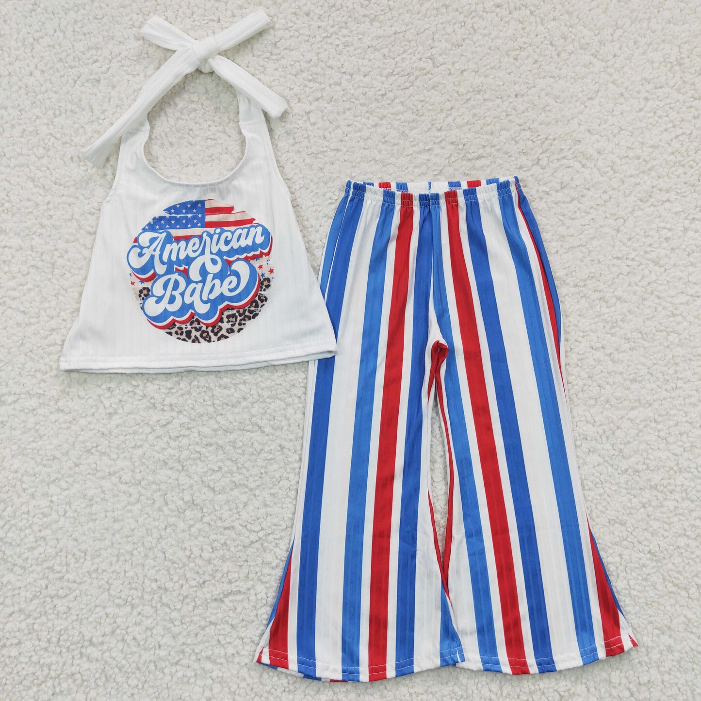 GSPO0655 July 4th Baby Girl Sleeveless Tops Red Blue Striped Bell Pants Outfit