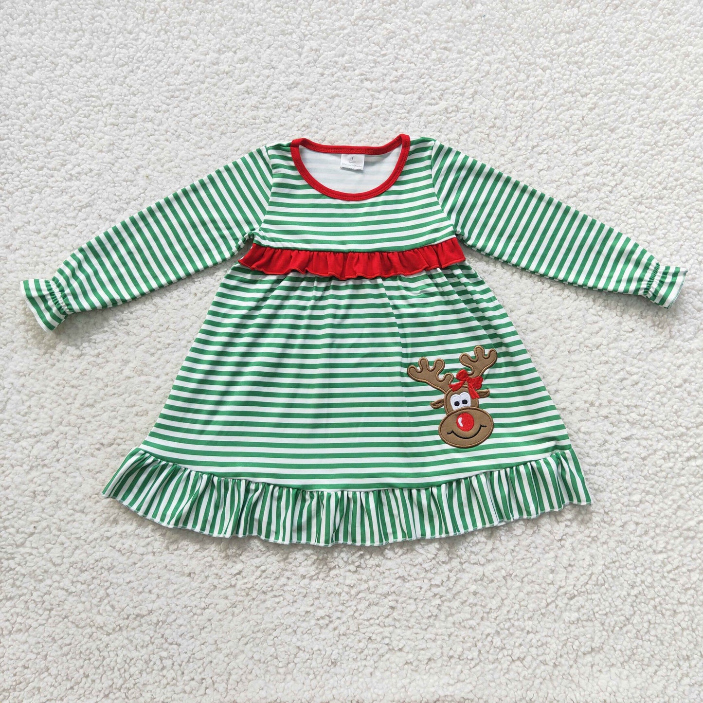 GLD0207 Baby Girl Long Sleeves Embroidery Christmas Reindeer Green Stripes Dress