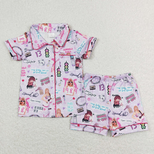 Baby Girl Short Sleeves Singer Button Up Shorts Summer Purple Outfit Pajamas