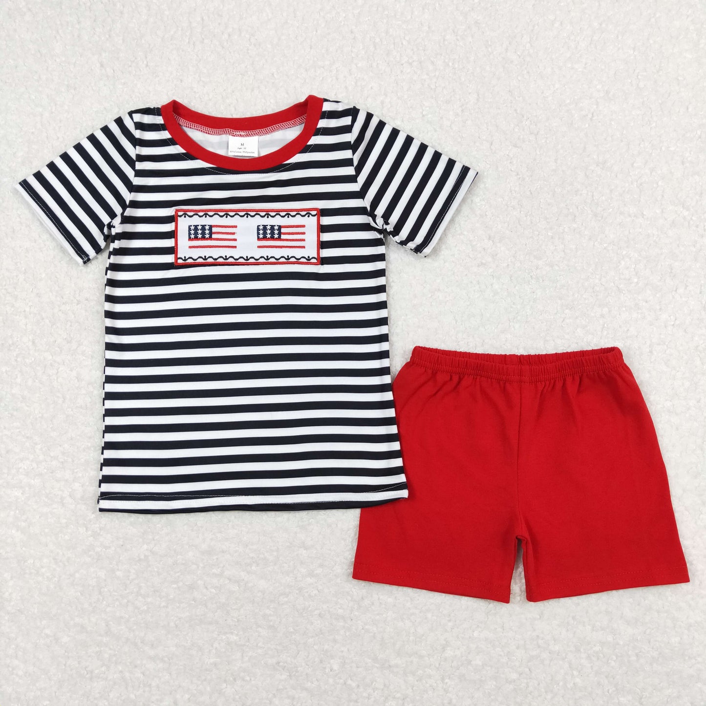 Baby Boy Short Sleeves Embroidery Flag Stripes Shirt Red Cotton Shorts Set