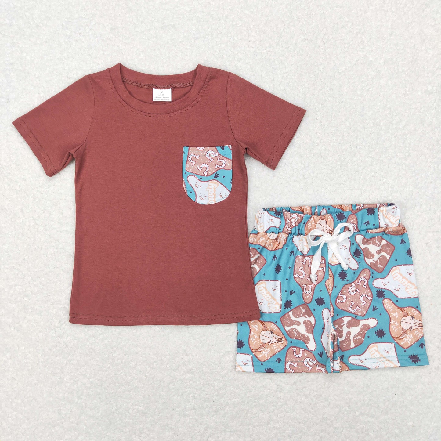 BSSO0348 Western Baby Boy Short Sleeves Pocket Shirt Cow Print Shorts Outfit