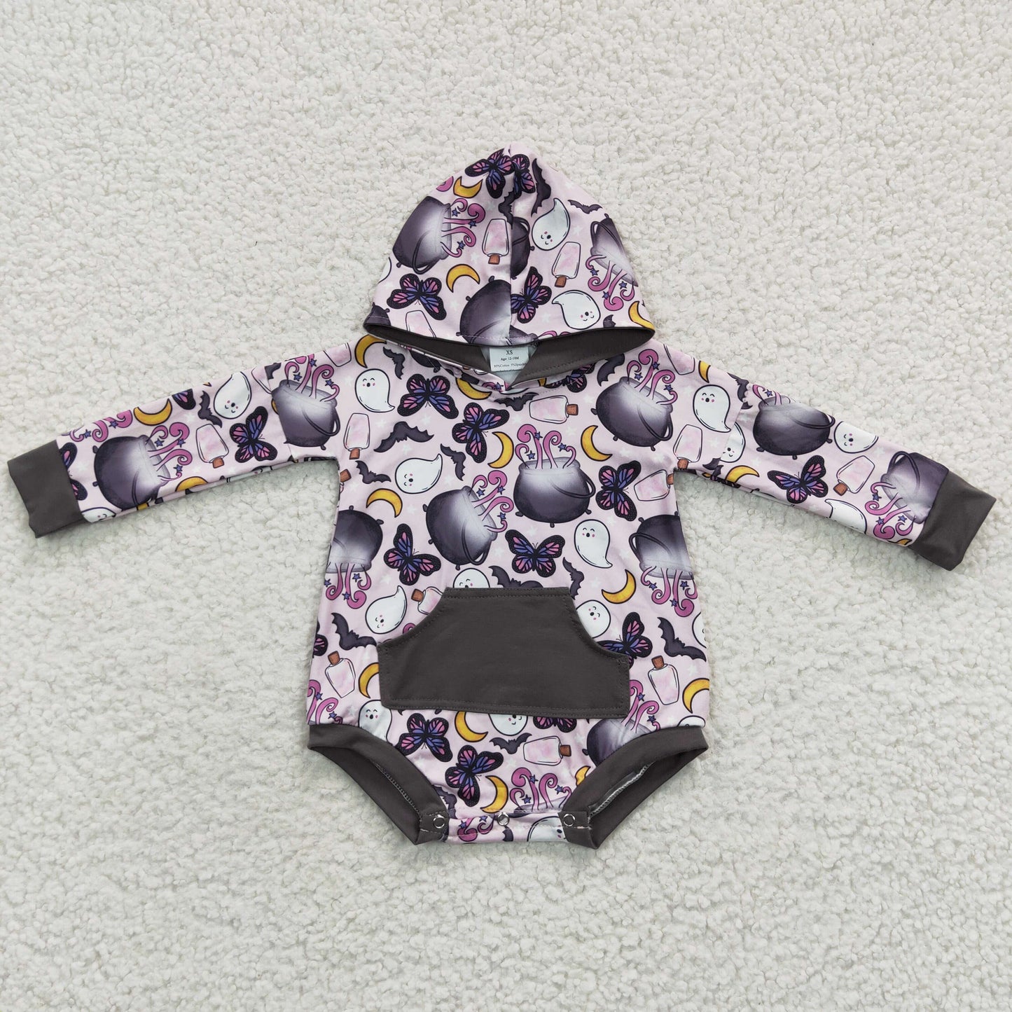 LR0274 Halloween Baby Kids Long Sleeves Hoodie Butterfly Ghost Pocket Romper