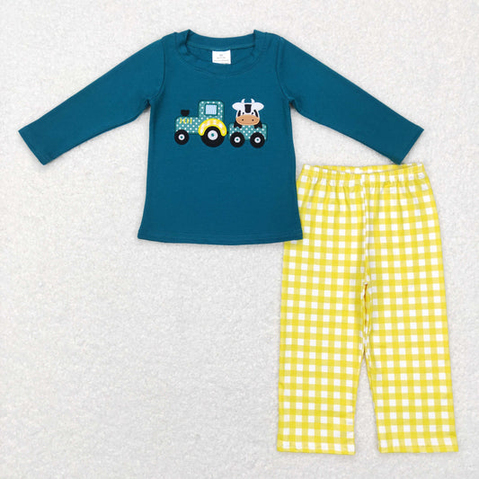 BLP0196 Baby Boy Embroidery Tractor Cow Shirt Plaid Pants Farm Outfit Pajamas