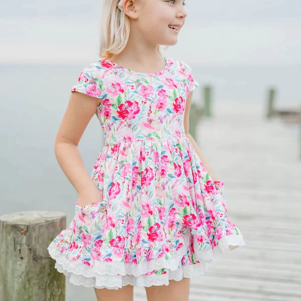 Moq 3 Pre-order GSD1010 Baby Girl Short Sleeves Floral Pocket Dress