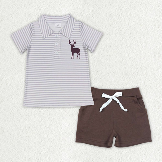 Baby Boy Short Sleeves Deer Stripes Shirt Pocket Brown Shorts Set