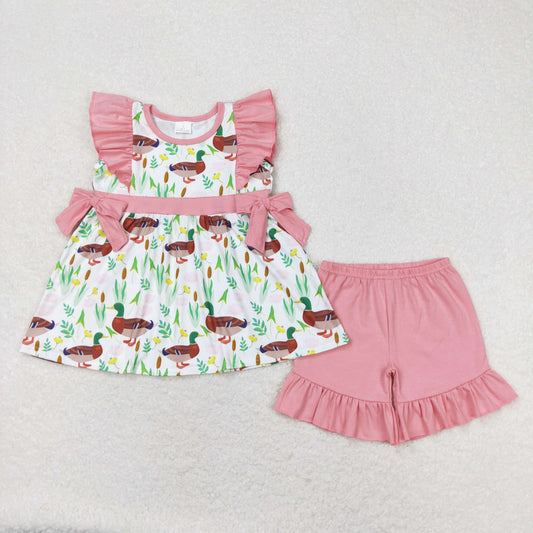 Baby Girl Short Sleeves Ducks Floral Tunic Pink Shorts Summer Set