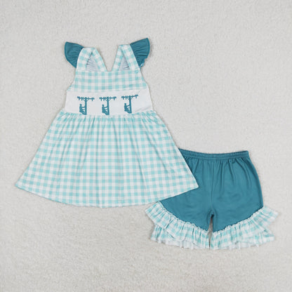 Baby Girl Short Sleeves Line Worker Plaid Tops Green Shorts Summer Set