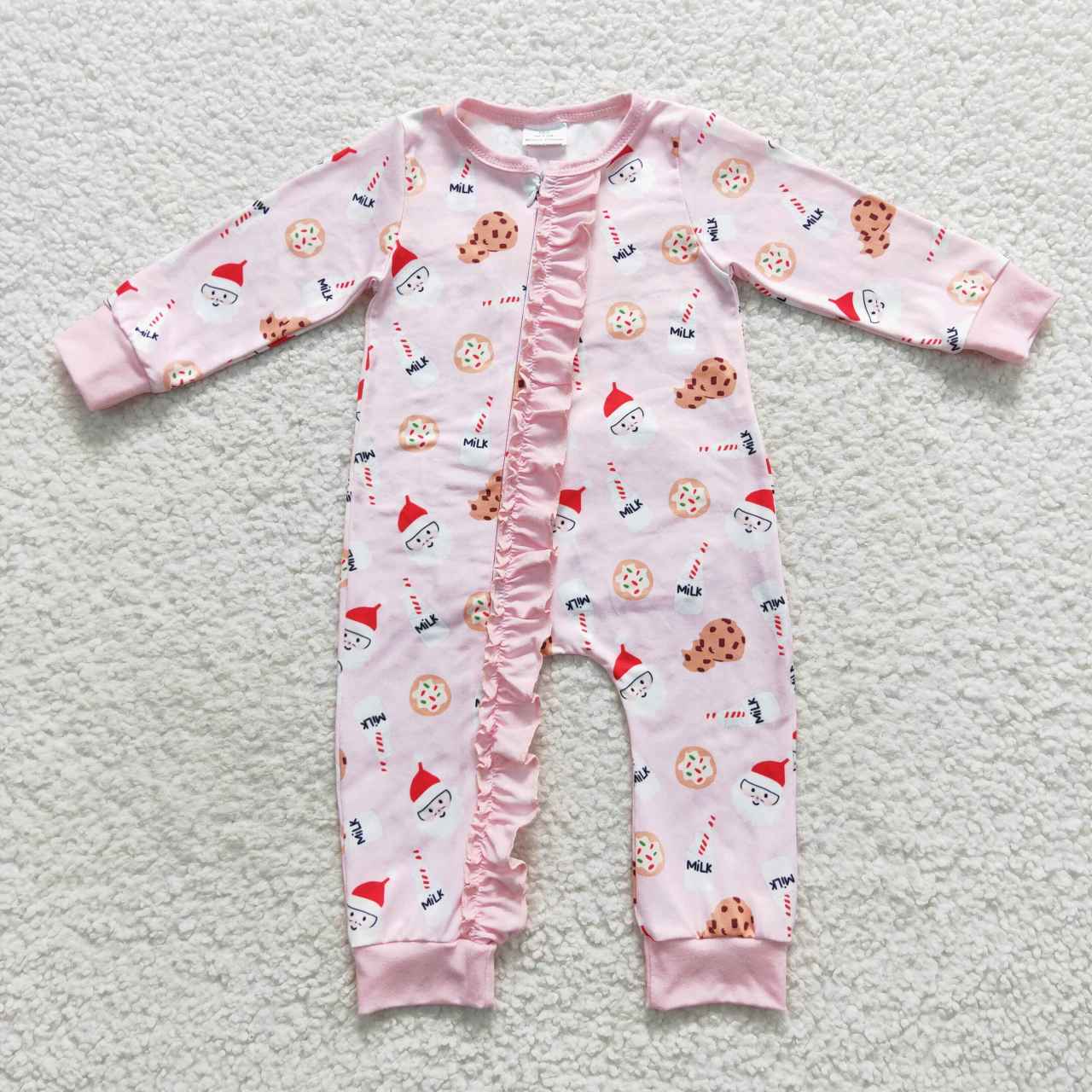 LR0471 Baby Girl Christmas Cookie Milk Long Sleeves Zipper Pink Romper