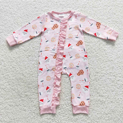 LR0471 Baby Girl Christmas Cookie Milk Long Sleeves Zipper Pink Romper