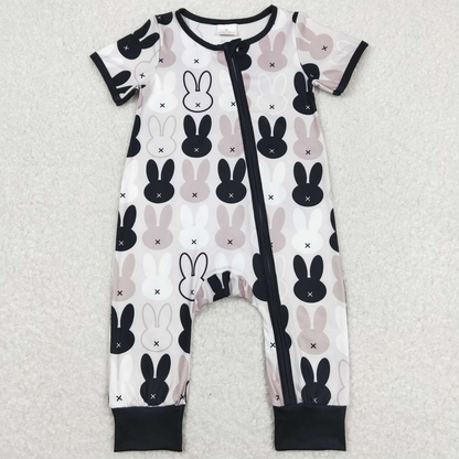 Baby Boy Short Sleeves Rabbits Checkered Zipper One Piece Easter Romper